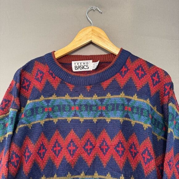 Trend Basics Men’s Colorful 2000s Round Neck Sweater Size Large 100% Acrylic - Picture 2 of 7